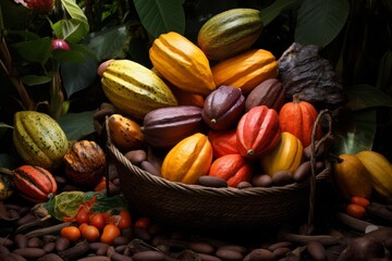 Colorful cacao pods and beans rest in a wicker basket, showcasing the vibrant hues of these tropical fruits