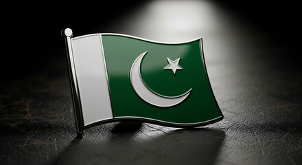 Elegant Metallic Pakistan Flag Pin on Dark Textured Background with Dramatic Spotlight