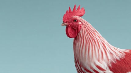 A stunning rooster stands tall with vibrant red and white feathers, showcasing its striking features against a minimalist backdrop, embodying strength and pride in its posture.
