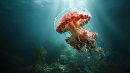 A stunning jellyfish gracefully floats in serene ocean water, illuminated by rays of sunlight, evoking feelings of tranquility and wonder in a captivating aquatic setting.
