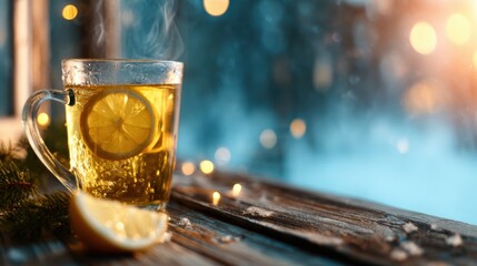 A steaming cup of lemon-infused tea sits on a rustic wooden table, surrounded by soft glowing lights, evoking a comforting and relaxed atmosphere perfect for winter.