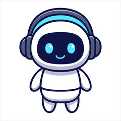 Friendly Robot with Headphones and Smiling Face Cartoon Illustration.