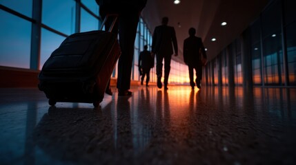 A captivating silhouette of people walking in a terminal against a vibrant sunset glow symbolizes journeys, transitions, and the beauty of movement and connection.