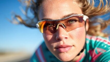 A close-up shot of a determined female cyclist, wearing sunglasses, showcasing her focus and intensity as she rides under a bright blue sky with wind-swept hair.