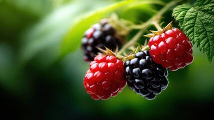 A stunning close-up of both red and black raspberries growing on a vine, showcasing their freshness and juiciness against lush green leaves in natural lighting.