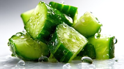 This close-up showcases vibrant cucumber cubes adorned with dewdrops, highlighting their freshness and inviting visual appeal, perfect for healthy and refreshing themes.