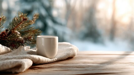A cozy white coffee mug resting on a rustic wooden table with greenery nearby, set against a serene snowy winter background, creating a tranquil and warm atmosphere.