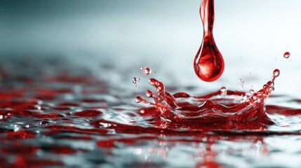 A vivid red drop of liquid splashes into a calm surface of water, creating an artistic visual effect that symbolizes fluidity, precision, and stunning natural beauty.