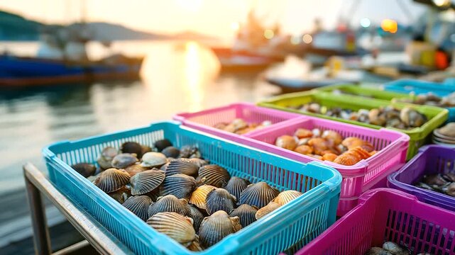 Freshly harvested scallops organized in colorful plastic crates by dock during early morning in coastal fishing village, shellfish sorting, defocused boats and water, with copy spa