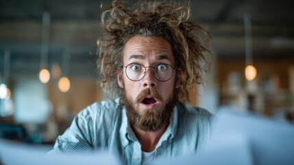 A man with wild hair and glasses looks shocked while surrounded by papers in an office setting, capturing the essence of surprise and overwhelm in a chaotic workspace.