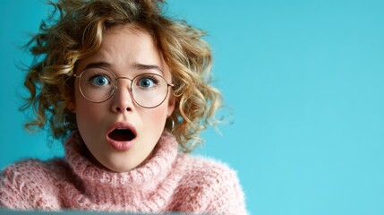 A young woman with curly hair and glasses shows a surprised expression against a vibrant blue background, highlighting her emotions and engaging personality.