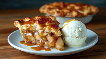 A mouthwatering serving of apple pie drizzled with caramel and complemented by a scoop of vanilla ice cream, evoking comfort, nostalgia, and indulgence in seasonal desserts.