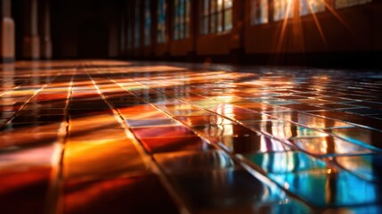 A stunning view of colorful reflections on a polished floor created by sunlight filtering through stained glass windows, evoking a sense of peace and beauty in the setting.