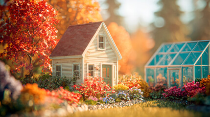 Whimsical miniature garden scene with a tiny rustic cottage and glass greenhouse surrounded by lush, colorful flowers and plants under warm, autumnal sunlight. Ideal for fantasy, home decor