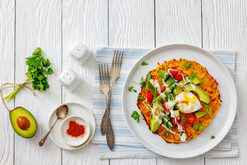 potato rosti topped with poached egg, avocado