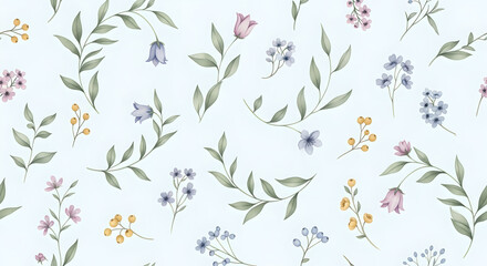 Fototapeta premium Floral Pattern Watercolor Flowers Botanical Background Light Blue Pink Green Berries Seamless Repeat