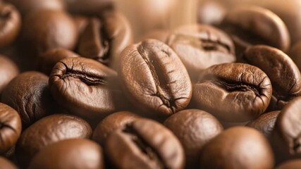 Close-up video of roasted coffee beans with warm light, perfect for coffee shop promotional