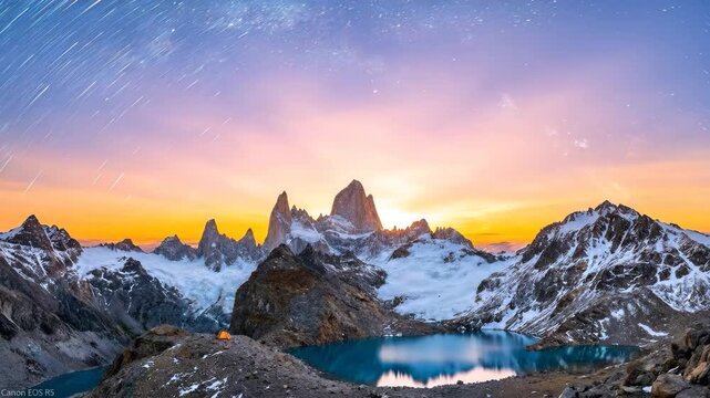 Mount fitz roy peaks illuminate under the sprawling milky way galaxy, reflecting in a tranquil alpine lake beside a lone illuminated tent, representing adventure and solitude in nature