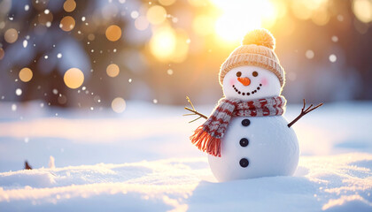 Christmas winter background with snowman in snow and blurred bokeh background.Merry Christmas and happy new year greeting card with copy space.