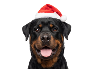 Happy Rottweiler dog wearing Santa hat, isolated on transparent background, Christmas pet portrait