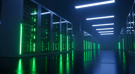 Server Room Data Center Network Technology Green Lights