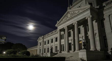 Obraz premium Nighttime Splendor: Grand Neoclassical Building Illuminated by a Bright Moon and Streaky Clouds
