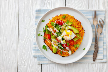 potato rosti topped with poached egg, avocado