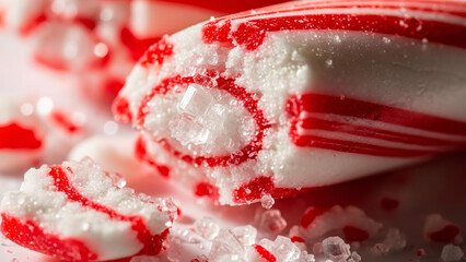 Close up of broken peppermint candy cane with red and white stripes
