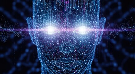A digital representation of a human face with a glowing, futuristic design.