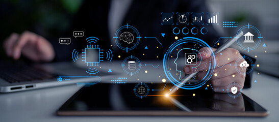 An advanced AI system for business and financial analysis. A futuristic interface for commanding an AI to process data from various domains. Motif