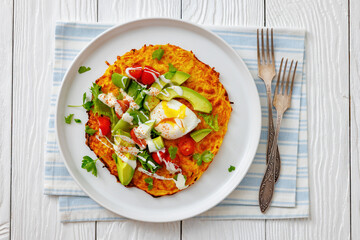 potato rosti topped with poached egg, avocado