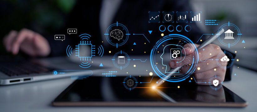 An advanced AI system for business and financial analysis. A futuristic interface for commanding an AI to process data from various domains. Motif - Powered by Adobe