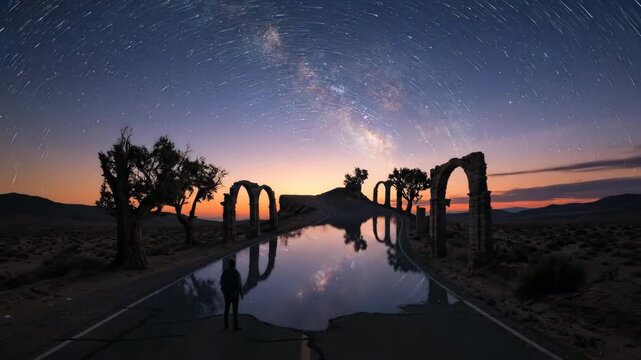 Man standing on a desert road transforming into a starry galaxy path leading towards luminous arches and a bright cosmic horizon, representing journey, mystery, and destiny
