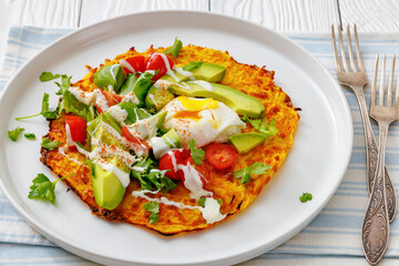 potato rosti topped with poached egg, avocado