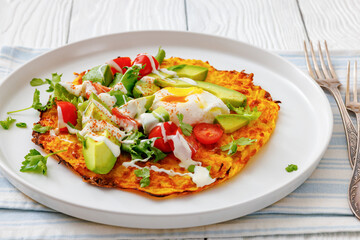 potato rosti topped with poached egg, avocado