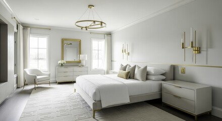 Fototapeta premium Elegant and Modern White and Gold Master Bedroom with Luxurious Upholstered Bed, Stylish Furniture, Contemporary Lighting, and Bright, Serene Decor
