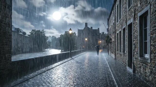 Person carrying an umbrella walking on a wet cobblestone street at night, with rain falling under a full moon, historic buildings along a canal, and another distant figure on a moody city street
