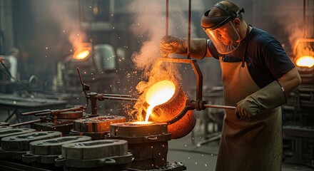 A blacksmith pouring molten metal into a mold in a workshop.