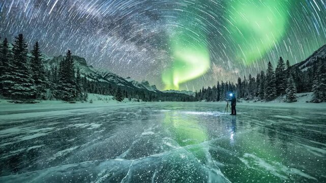 Astrophotographer standing on a cracked frozen lake capturing the vibrant aurora borealis and bright milky way galaxy above a snow-covered mountain and forest landscape on a clear winter night