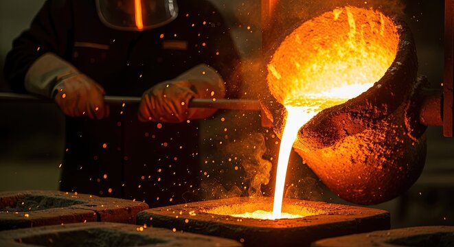 A worker pouring molten metal into a mold in a foundry.