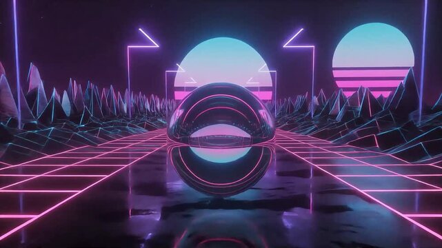 Glass-like retro sphere bouncing gently within a luminous neon synth environment