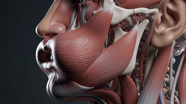 Detailed 3D animation of the human buccinator muscle and surrounding facial anatomy