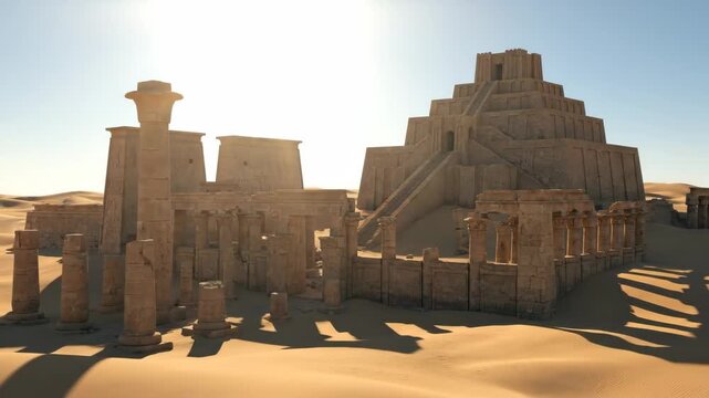 Ancient architectural ruins, combining elements of a mesopotamian ziggurat and an egyptian temple surrounded by desert sands, standing prominently under the warm glow of a setting sun
