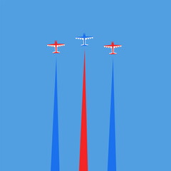 Three planes flying high up in the blue sky, with blue and red smoke coming out from the tail of the airplane vector illustration design. Perfect for posters, social media posts and graphics resource 