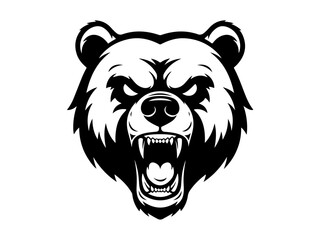 A fierce black and white illustration of a grizzly bear's head with its mouth open and teeth bared.