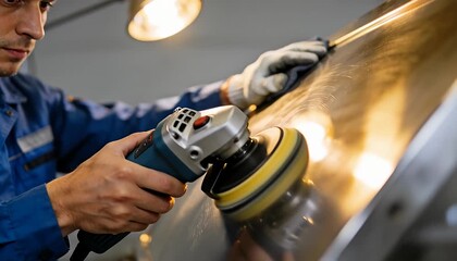 Skilled mechanic polishes shiny metal surface in workshop using electric buffer for car restoration, man.