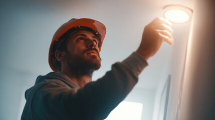 Construction worker in hard hat inspecting a ceiling light fixture with a warm glow. A focused male construction worker wearing an orange hard hat and grey hoodie reaches up to adjust a bright ceiling
