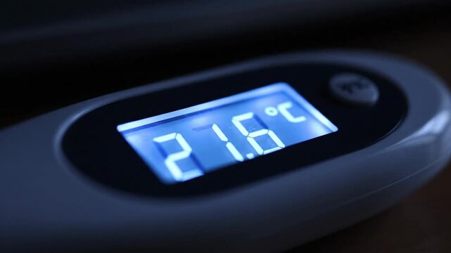 Close-up video of a digital thermometer showing temperature changes in Celsius from 21.2 to 21.6