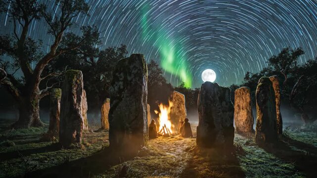 People are gathering around a campfire within an ancient stone circle, performing a spiritual ritual under a bright full moon and glowing aurora borealis at night