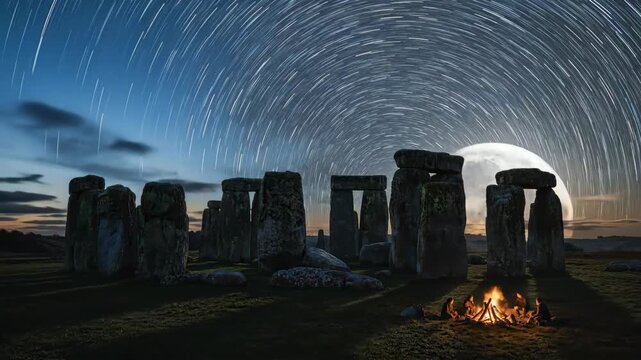 Stonehenge under a full moon and starry sky, megalithic stones circling a glowing bonfire as druids and onlookers gather for a mystical solstice ritual celebration